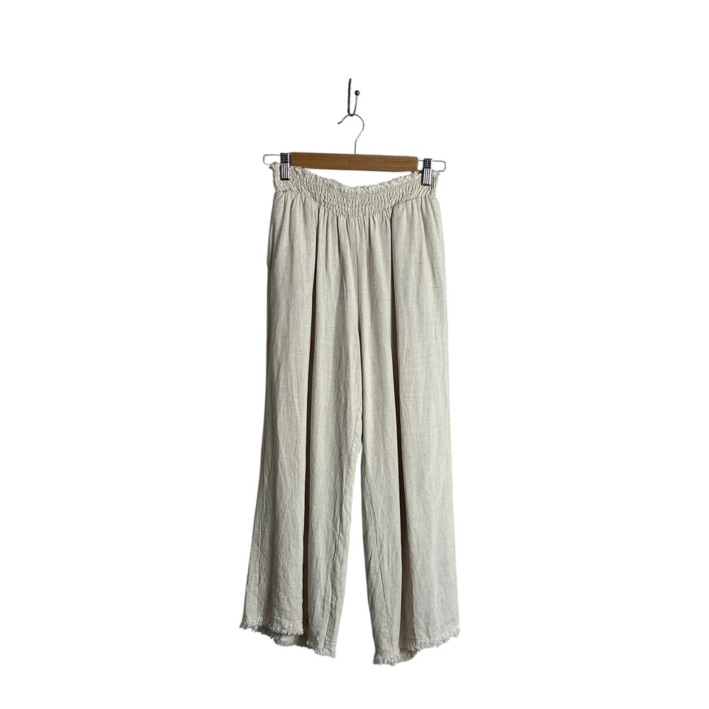 Solai Small Oatmeal Linen‎ Raw Hem Cropped Pants Comfort Pockets Elastic Waist